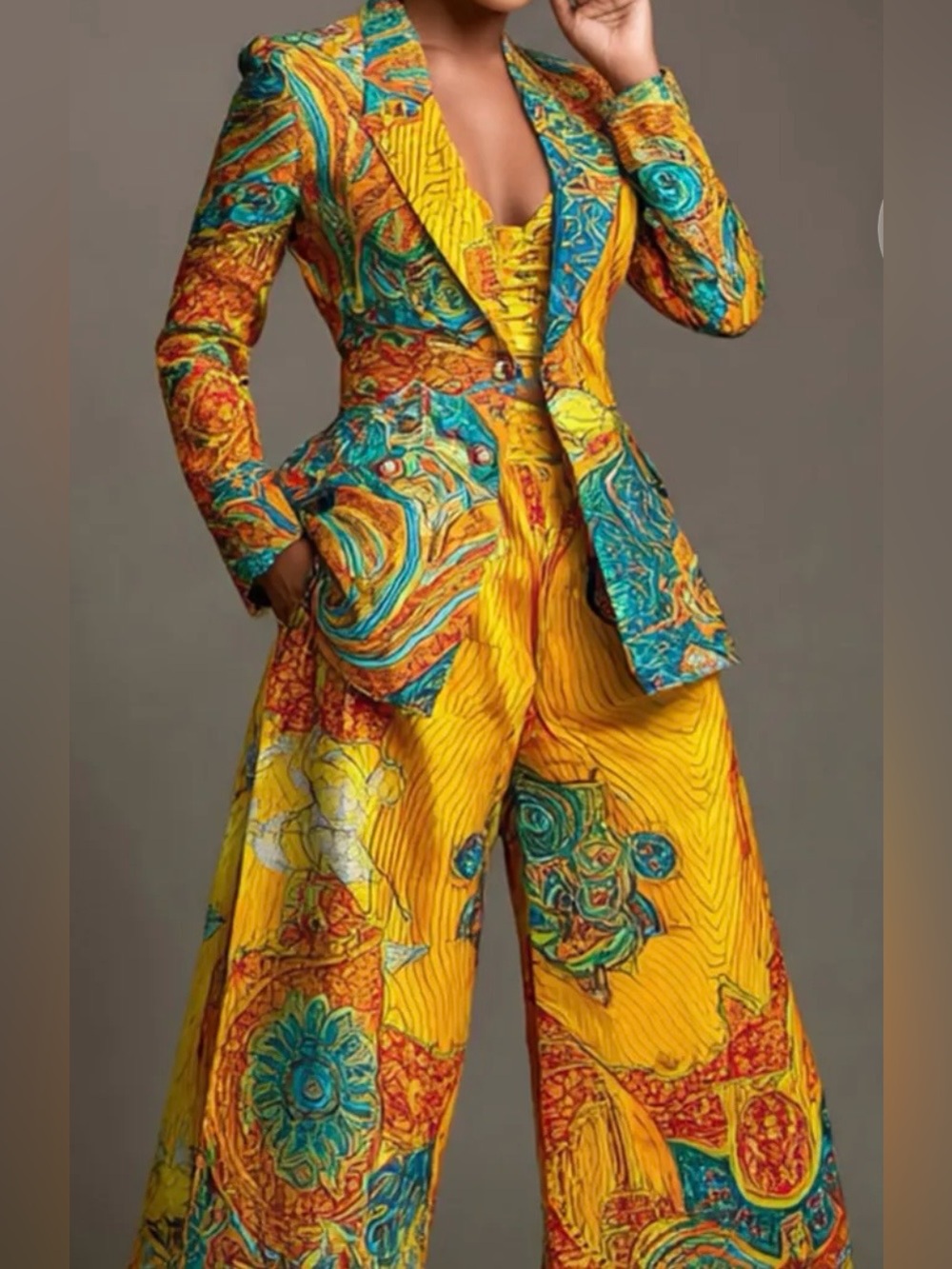 Vibrant Yellow Printed Wide-Leg Pantsuit